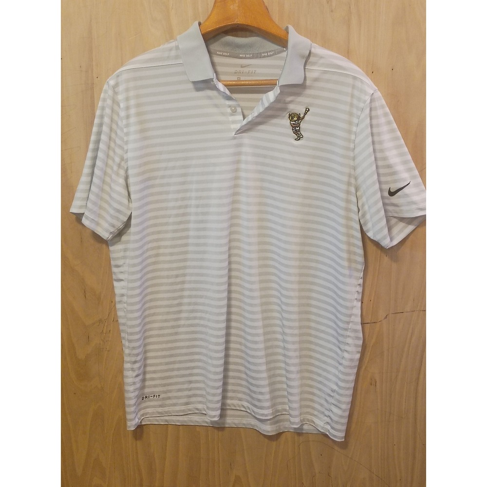 Nike Golf Dri-FIT Polo Shirt Mens XL White Grey Striped Lacrosse Mascot Logo